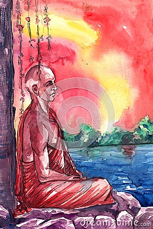 A monk meditating near a river Stock Photo