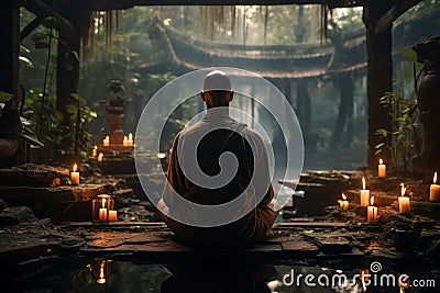 Monk Meditating in a Serene Mystical Temple. Stock Photo