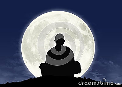 Monk in meditation at the full moon Stock Photo