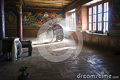 Monk in the monastery prepare to clean it before the evening prayer in Korzok Monastery Editorial Stock Photo