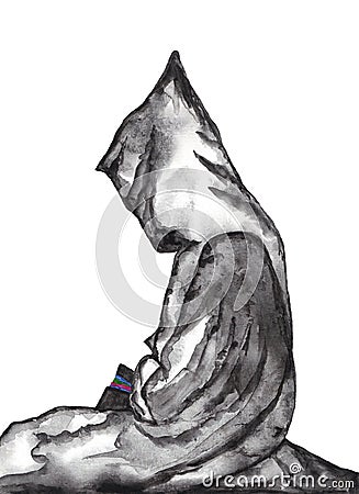 Monk in Monks Robe With Bible Watercolor Stock Photo