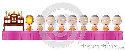 monk praying in religious ceremony in cartoon bubble head version,able to see in wedding,new home and other ceremony of Buddhism Vector Illustration