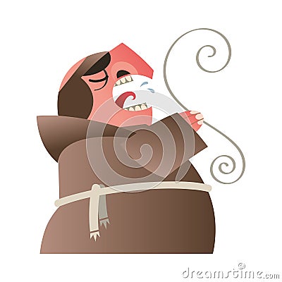 Monk reading a scroll, funny cartoon character. Isolated, white background. Vector Illustration