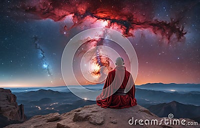 monk in red in mediation on the mountain ,An incredible fantasy world . AI generate Stock Photo