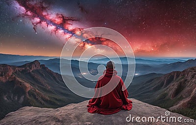 monk in red in mediation on the mountain ,An incredible fantasy world . AI generate Stock Photo