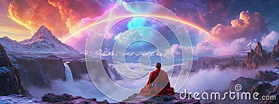 a monk in red in mediation on the mountain ,An incredible fantasy world . AI generate Stock Photo