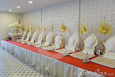 Monk seats for monk when making merit, chanting or praying or meditating in traditional buddhism ceremony,. Stock Photo