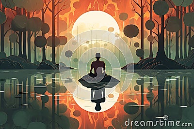 monk silhouette sitting in lotus position in fantasy landscape, meditation mind body and nature in harmony Stock Photo