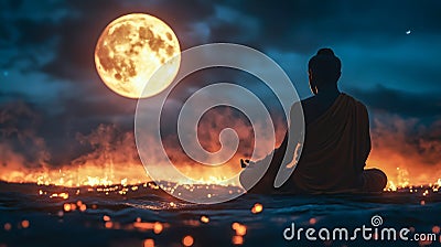 A monk statue under the glow of a full moon, creating a serene and spiritual atmosphere. Generative Ai Stock Photo