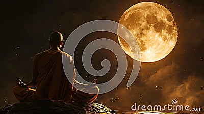 A monk statue under the glow of a full moon, creating a serene and spiritual atmosphere. Generative Ai Stock Photo