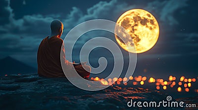 A monk statue under the glow of a full moon, creating a serene and spiritual atmosphere. Generative Ai Stock Photo