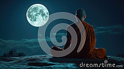 A monk statue under the glow of a full moon, creating a serene and spiritual atmosphere. Generative Ai Stock Photo
