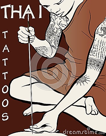 Monk tattooist - Thai Tattoos Vector Illustration