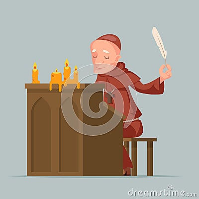 Monk write chronicles historical events writer scribe medieval stand feather pen ink scroll copy candles cartoon Vector Illustration