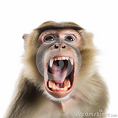 The monkey is angry, growls, shows big teeth, fangs, isolated on white Stock Photo