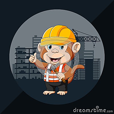 The monkey architect is building the tower and using the yellow helmet for the safety Vector Illustration