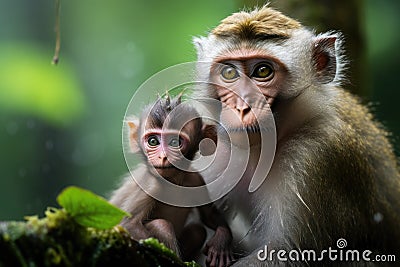 Monkey and baby in the rainforest, Ubud, Bali, Indonesia, A macaque mother and her child in the rainforest in Singapore, AI Stock Photo