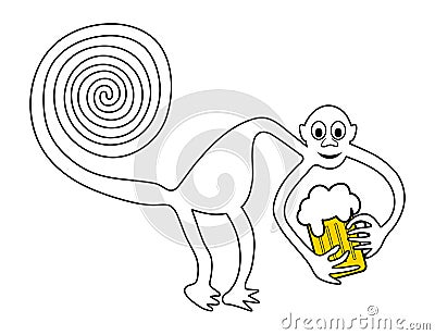 Monkey with beer and beer belly - paraphrase of the famous geoglyph of the Monkey from Nazca Vector Illustration