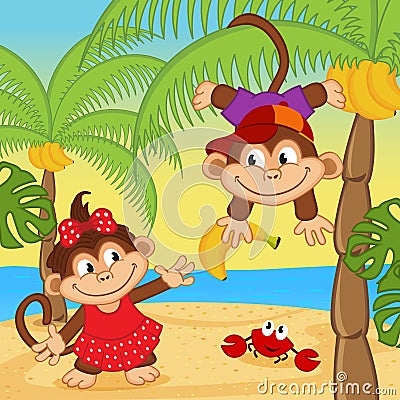 Monkey boy gives girl banana Vector Illustration