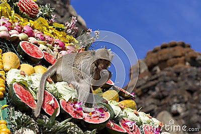 Monkey buffet festival in Thailand Stock Photo