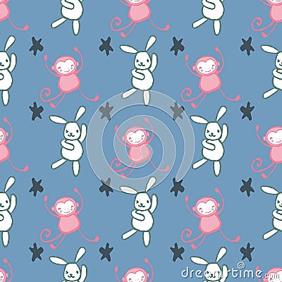 Monkey Bunny Rabbit Star Seamless Pattern Vector Illustration