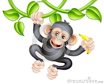 Monkey Cartoon Chimpanzee Jungle Animal on Vines Vector Illustration