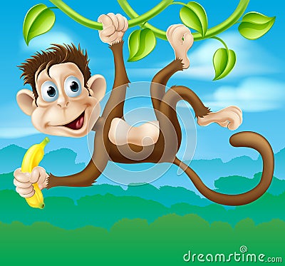 Monkey cartoon in jungle swinging on vine Vector Illustration