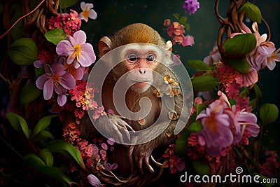 Monkey creative portrait with many colorful flowers. Generative AI Stock Photo