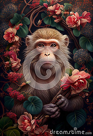 Monkey creative portrait with many colorful flowers. Generative AI Stock Photo