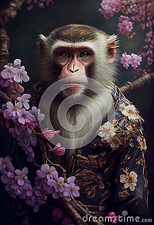 Monkey creative portrait, wearing Kimono with many colorful flowers. Generative AI Stock Photo