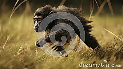 Intense Expressions: Photo-realistic Infant Chimpanzee Running Through Tall Grass Stock Photo