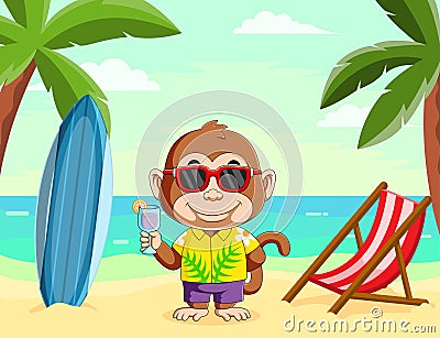 The monkey doing the vacation in the beach and holding the orange juice with the beautiful view Vector Illustration