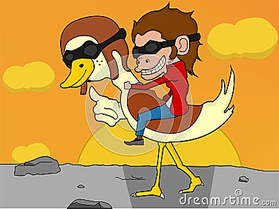Monkey and duck cartoon Vector Illustration