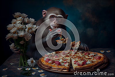 Monkey eating pizza, creative art portrait. Generative AI Stock Photo