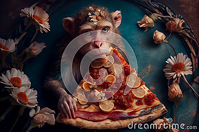 Monkey eating pizza, creative art portrait. Generative AI Stock Photo