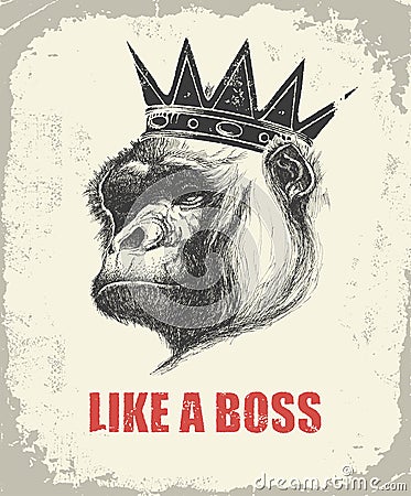 Monkey Face With Like A Boss Inscription Vector Illustration