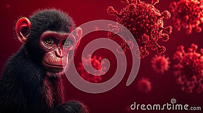 Monkey facing monkeypox virus particle, mpox outbreak concept, zoonotic disease visualization. Generative Ai Cartoon Illustration