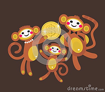 Monkey family with dollar. Vector Illustration