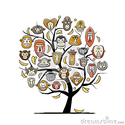 Monkey family tree. Sketch for your design. Childish style Vector Illustration