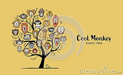 Monkey family tree. Sketch for your design. Childish style Vector Illustration