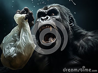 monkey fighting with a plastic bag Stock Photo