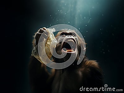 monkey fighting with a plastic bag Stock Photo