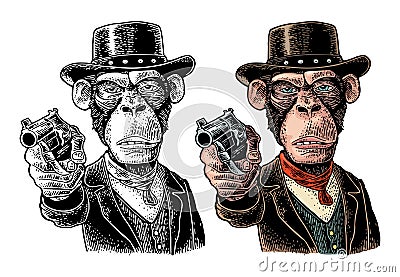 Monkey gentleman holding revolver and dressed hat, suit, waistcoat. Engraving Vector Illustration