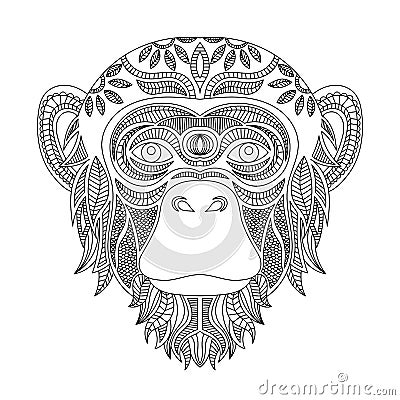 Monkey head coloring book illustration. Black and white lines. Vector Illustration