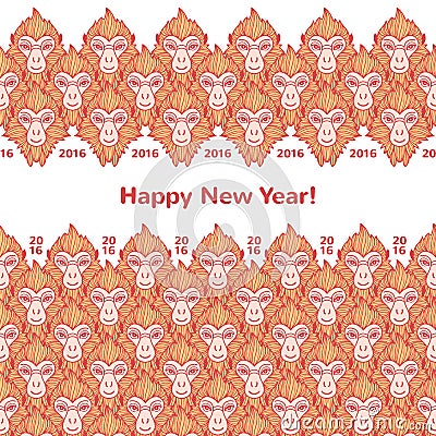 Monkey heads new year horizontal borders with greetings Vector Illustration