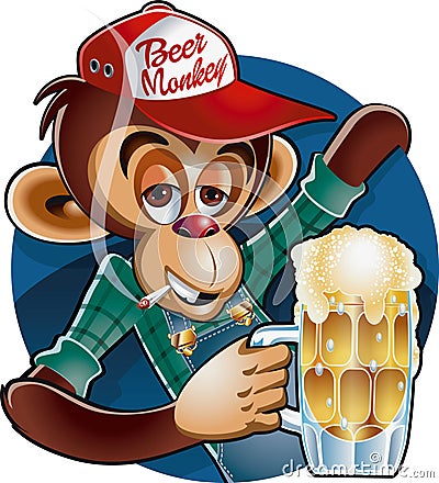 Monkey holding beer mug Vector Illustration