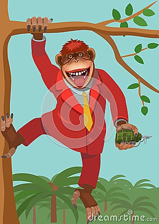 A monkey holding a grenade and shows all language Stock Photo