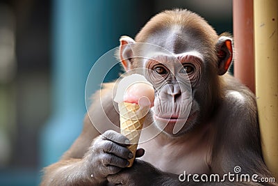 monkey holding a stolen ice cream cone at a zoo Stock Photo
