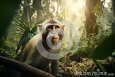 Monkey jungle tree photo mammal. Generate Ai Stock Photo