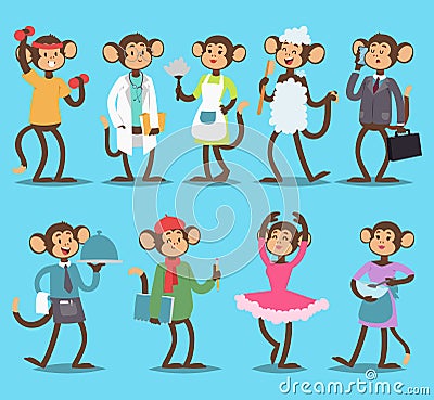 Monkey like people smiling nature vector animals professions dance, doctor, business, chef. Playful mammal funny Vector Illustration